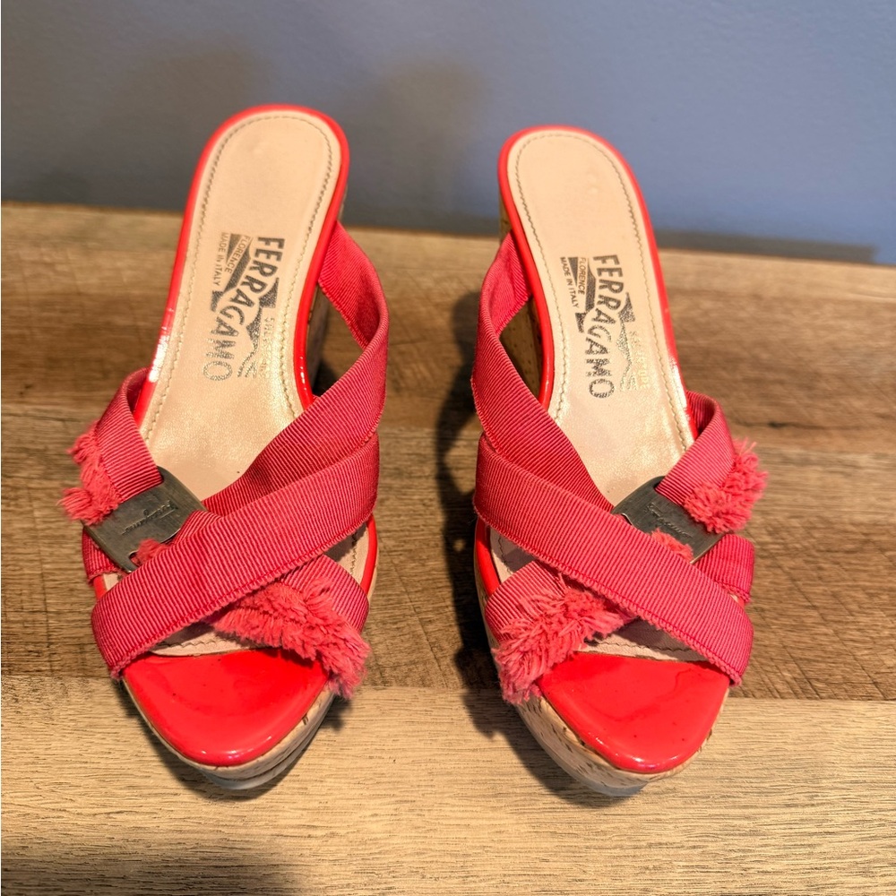 Salvatore Ferragamo Coral-Red Crisscross Fringe Wedge Sandals